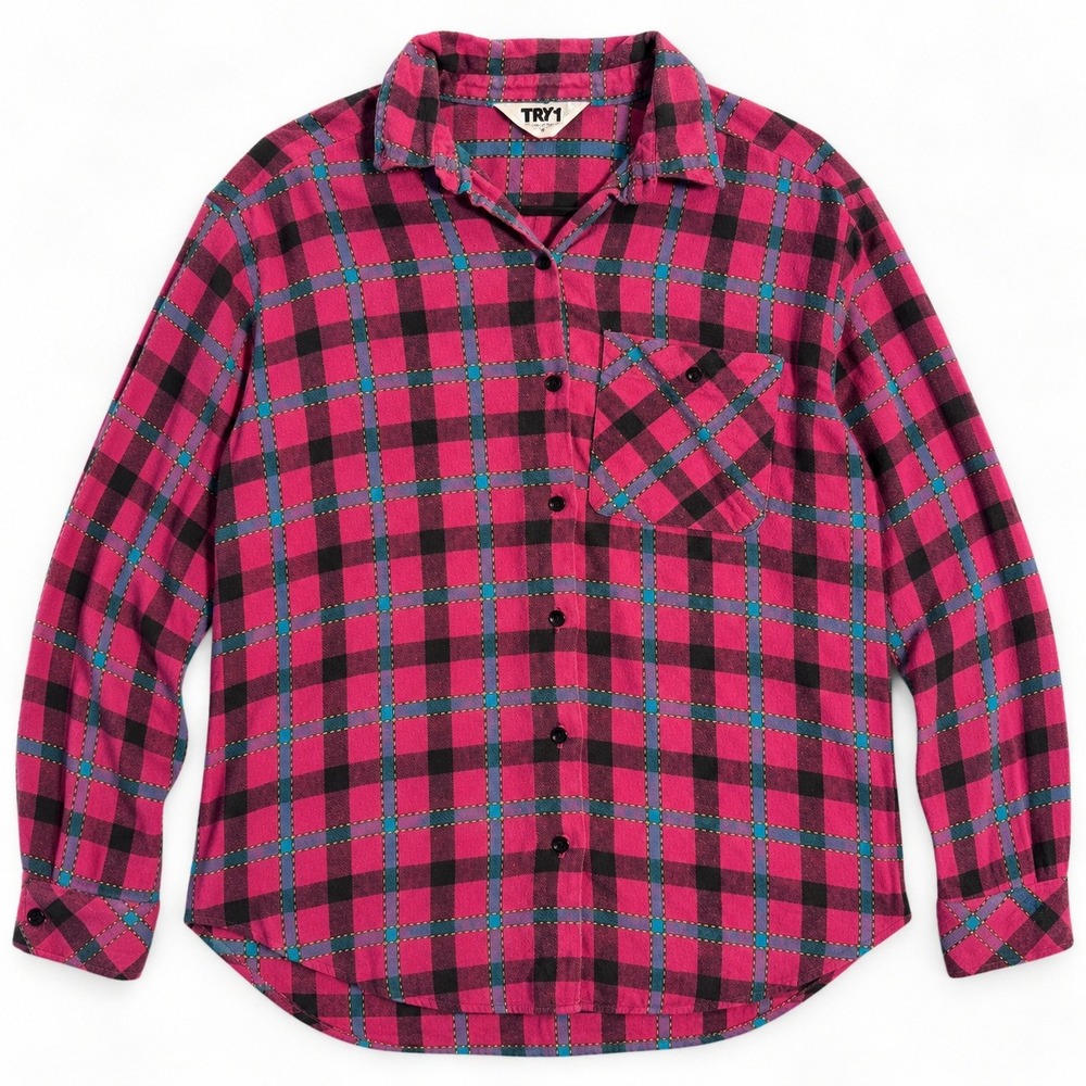 Vtg 90s TRY 1 Hot Pink Magenta Plaid Flannel Button Up Shirt Women Retro Neon M